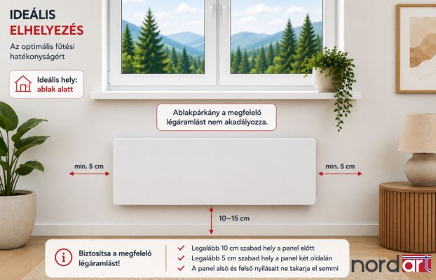 lektromos fűtőpanel ideális elhelyezése ablak alatt, megfelelő védőtávolságokkal